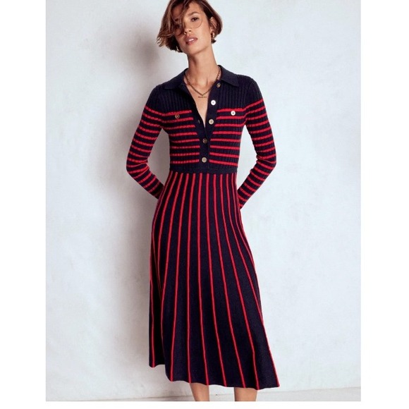Boden Dresses & Skirts - Boden Brönte Knitted Rib Midi Shirt Dress Polo Collar Gold Buttons | Size 16-18
